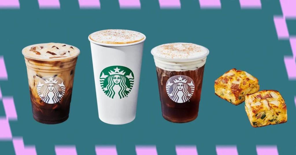 Starbucks Winter Drink Menu with 3 drinks and Potato, Cheddar & Chive Bakes