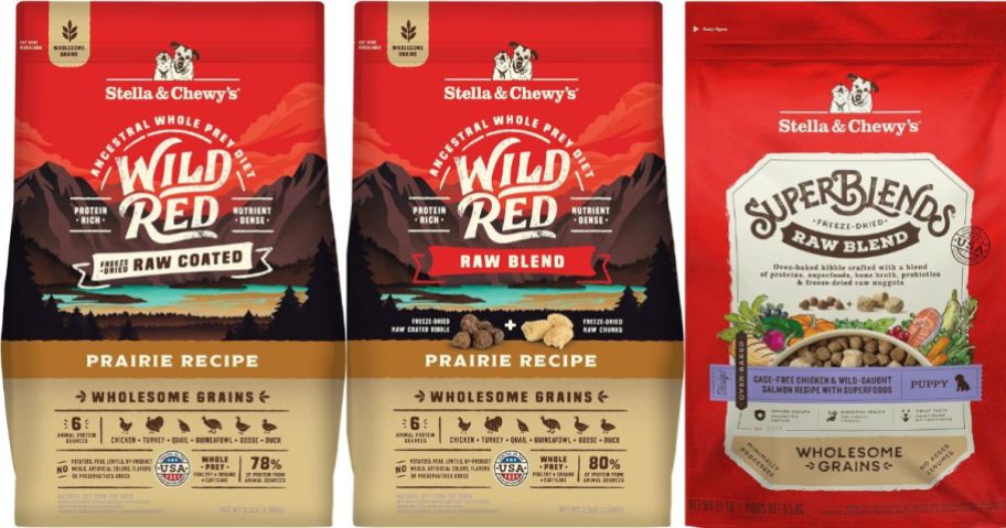Stock images of 3 bags of Stella & Chewy's Dry Doig Food