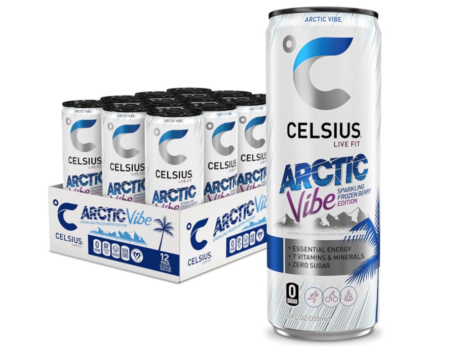 Stock image of CELSIUS Essential Energy Drink 12oz Cans 12-Pack in Arctic Vibe Sparkling Frozen Berry