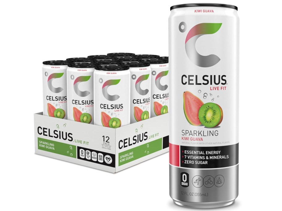 Stock image of CELSIUS Essential Energy Drink 12oz Cans 12-Pack in Kiwi Guava