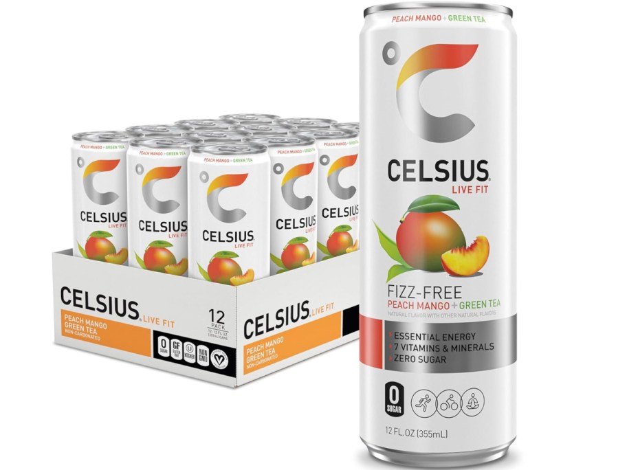 Stock image of CELSIUS Essential Energy Drink 12oz Cans 12-Pack in Peach Mango Greentea