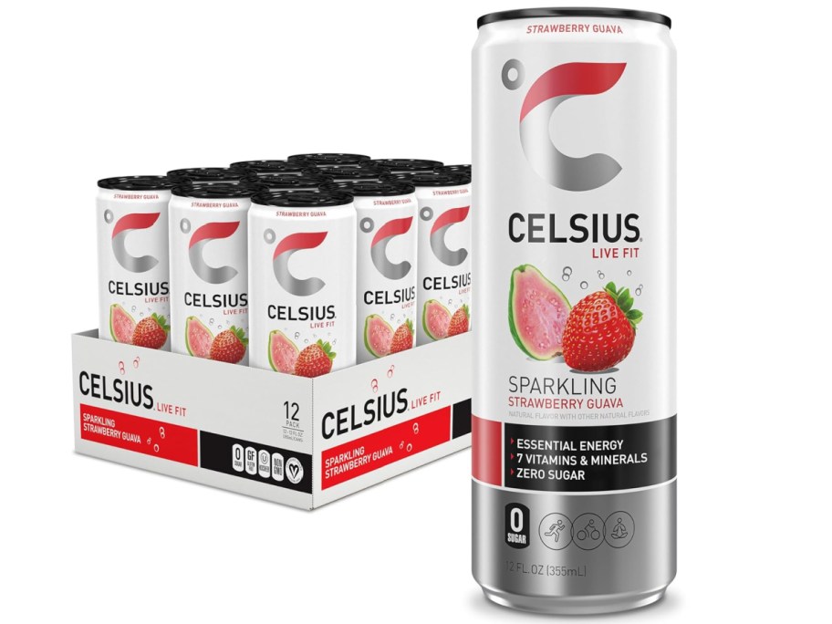 Stock image of CELSIUS Essential Energy Drink 12oz Cans 12-Pack in Strawberry Guava