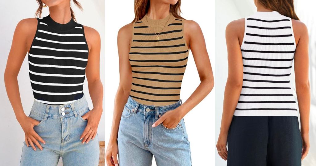 3 models wearing striped high neck tank tops in black with white stripes, brown with black stripes and white with black stripes