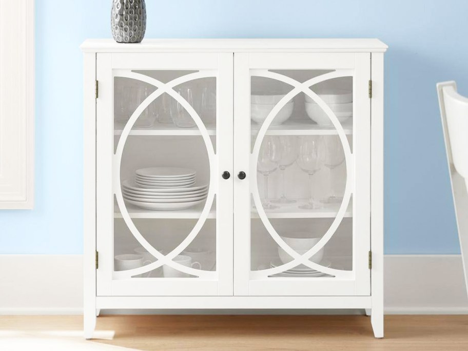 white accent cabinet with double glass doors