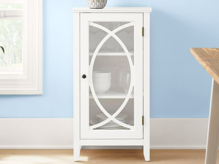white accent cabinet with glass door
