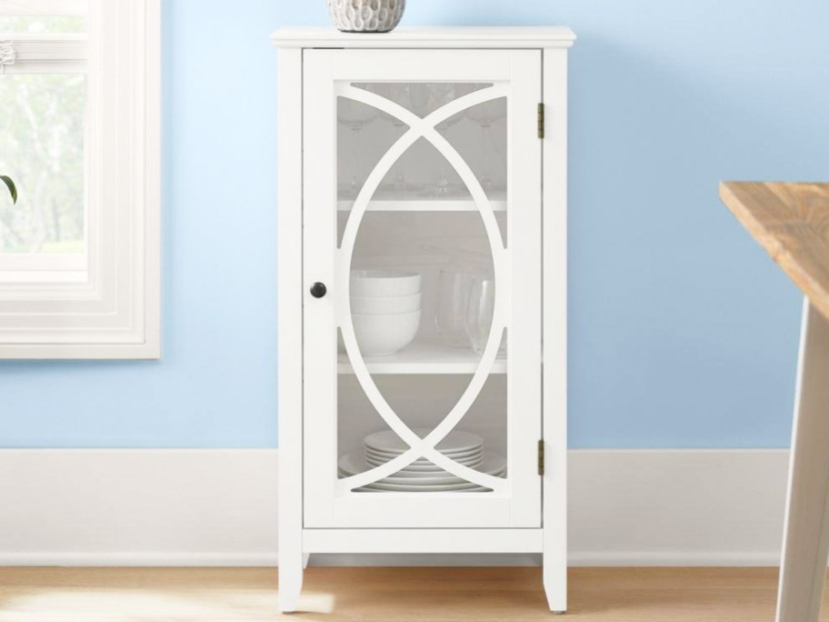 white accent cabinet with glass door