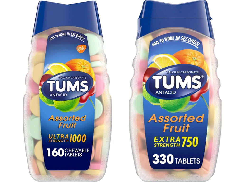 two bottles of TUMS Antacid Tablets in Assorted Fruit