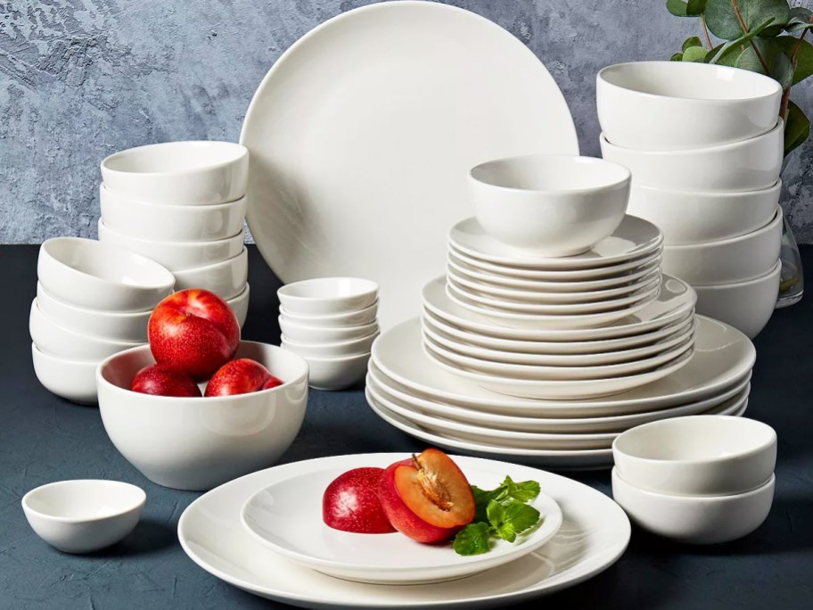 white dinner ware set stacked on table