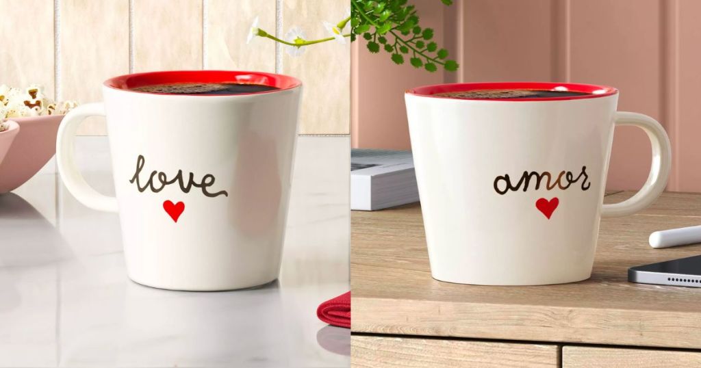 Threshold Valentines Day Love Mug and Amor Mugs sitting on counter tops in different kitchens
