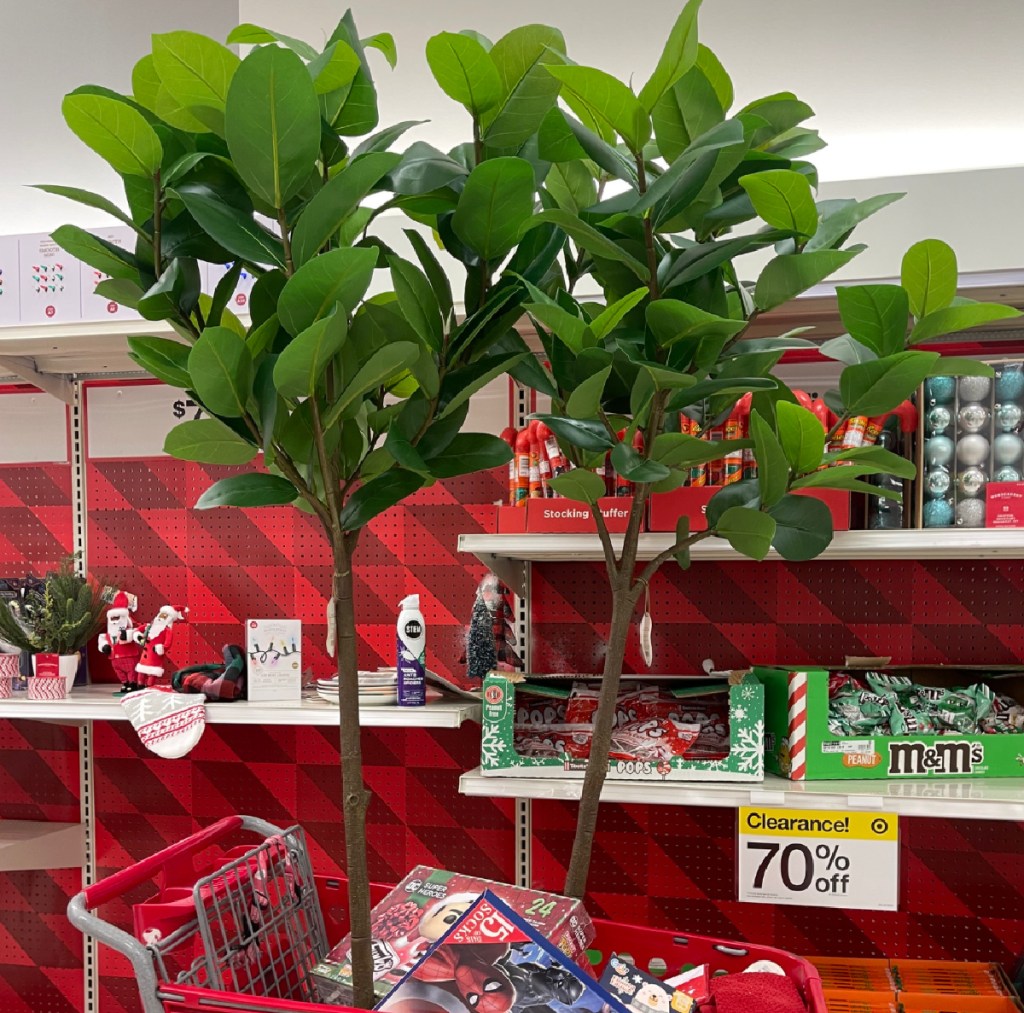 Threshold designed with Studio McGee Ficus Tree displayed inside of Target cart and in front of 70% off sign