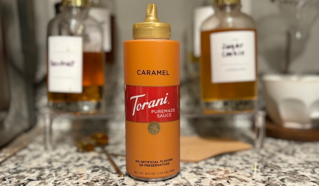 Torani Puremade Caramel Sauce 16.5oz on kitchen counter