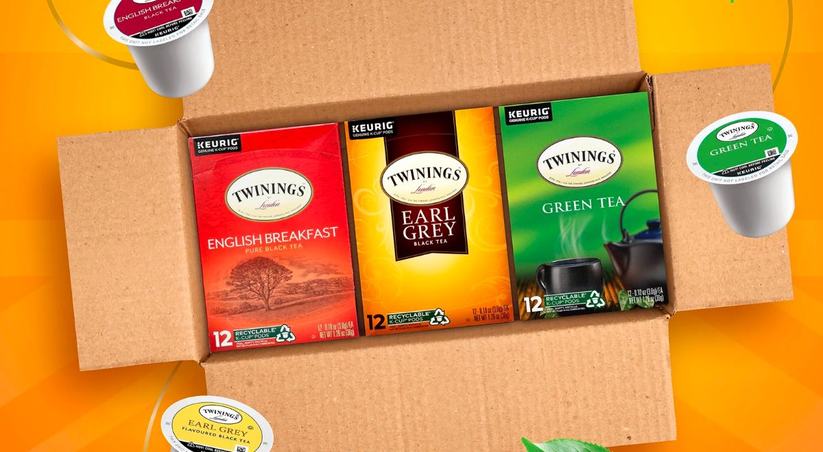 Twinings Tea Variety Sampler Pack K-Cups in a brown cardboard box
