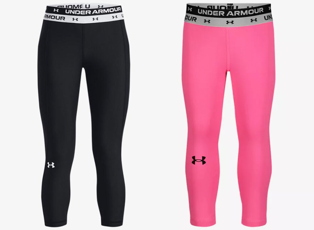 black and pink pairs of under armour leggings