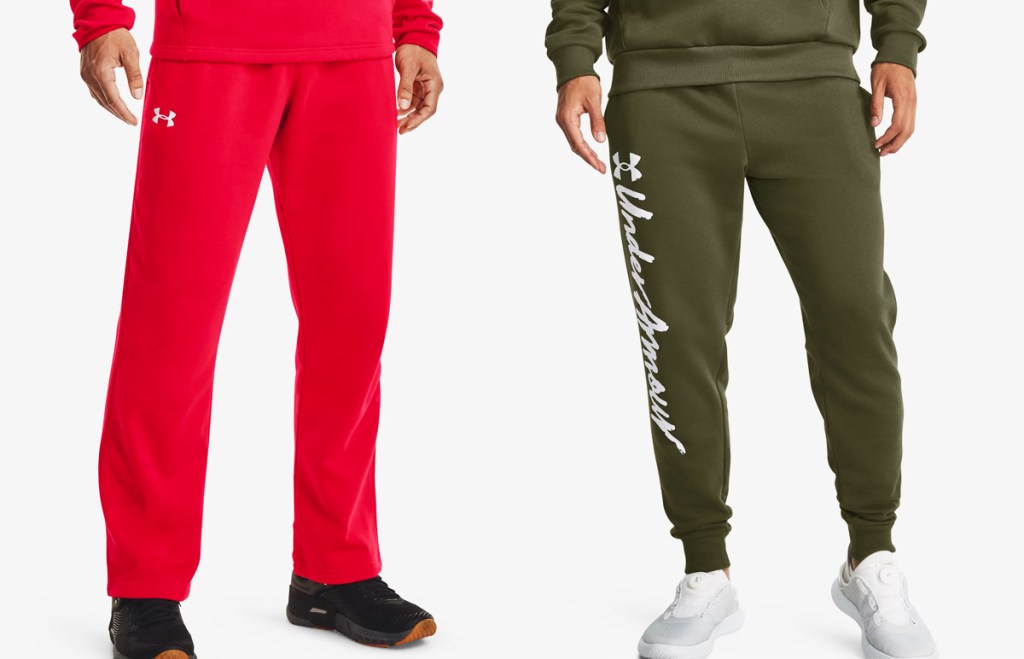 men in red and olive green sweatpants