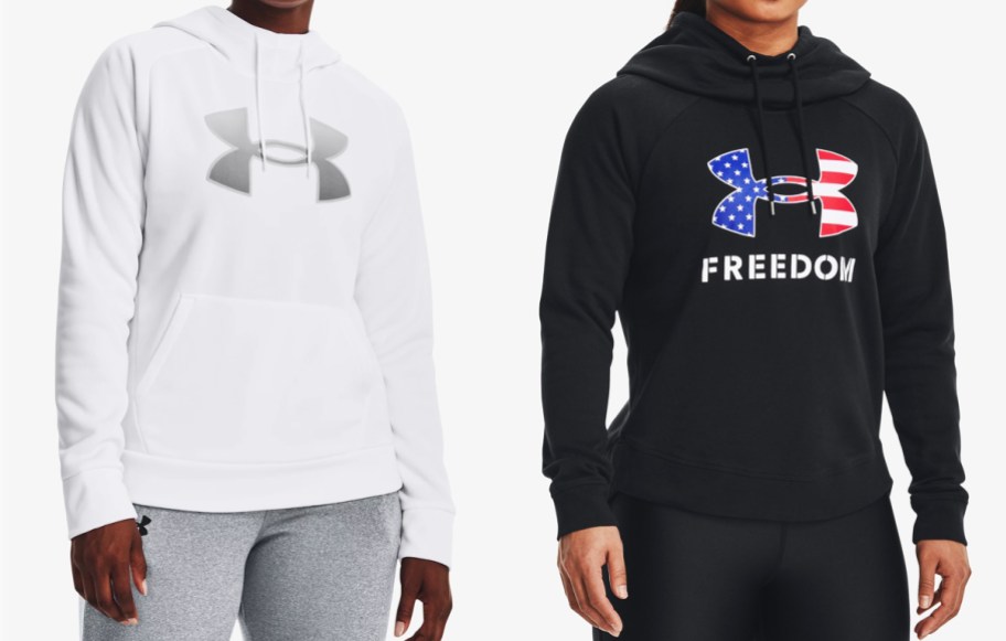 two women in white and black under armour hoodies