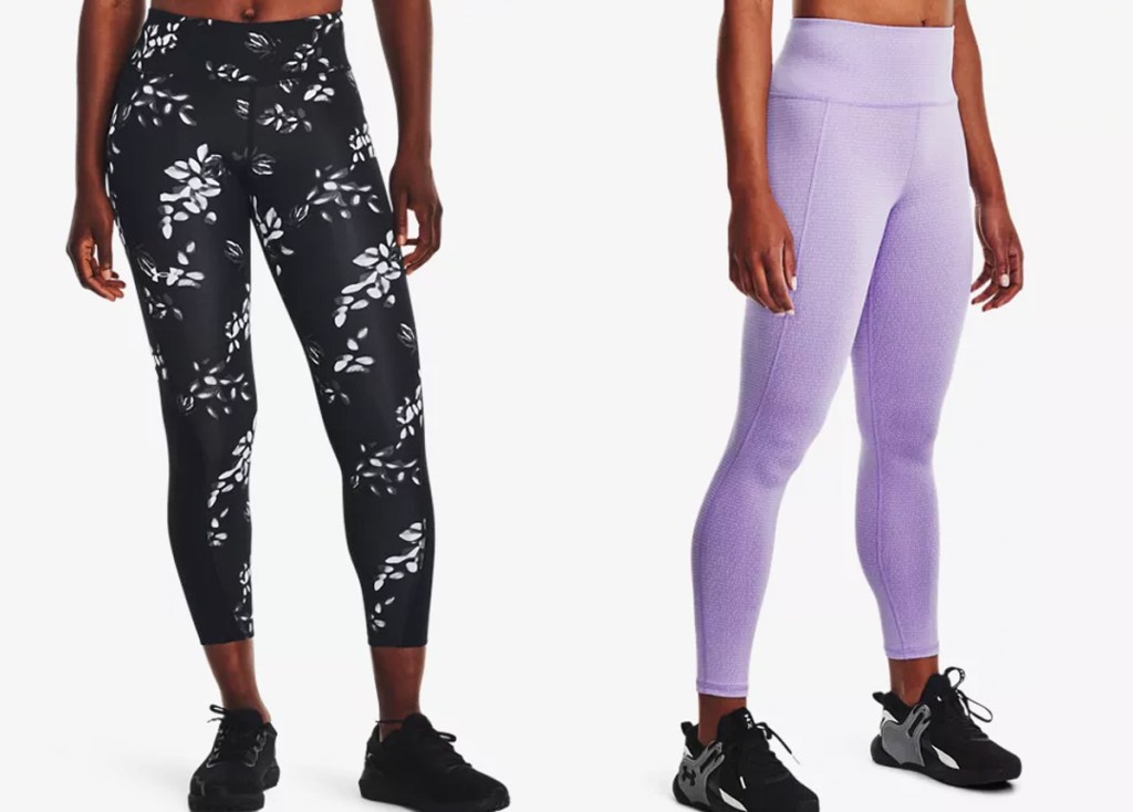 two women in black and light purple pairs of leggings