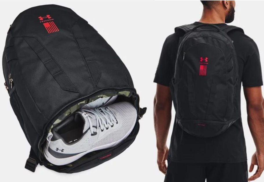 Stock images of Under Armour Hustle 5.0 Backpack in Black & Red