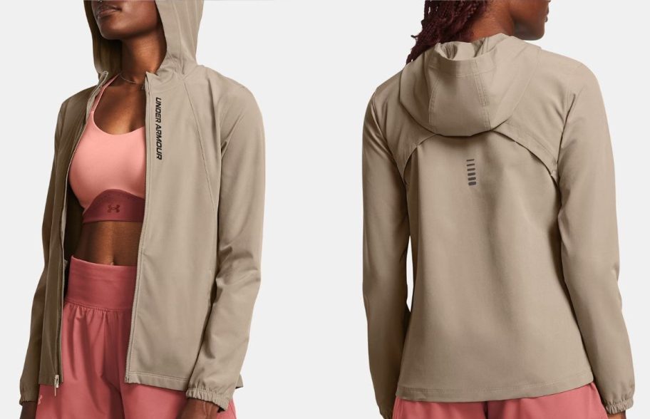 Stock images of the front and back view of a woman wearing an Under Armour jacket