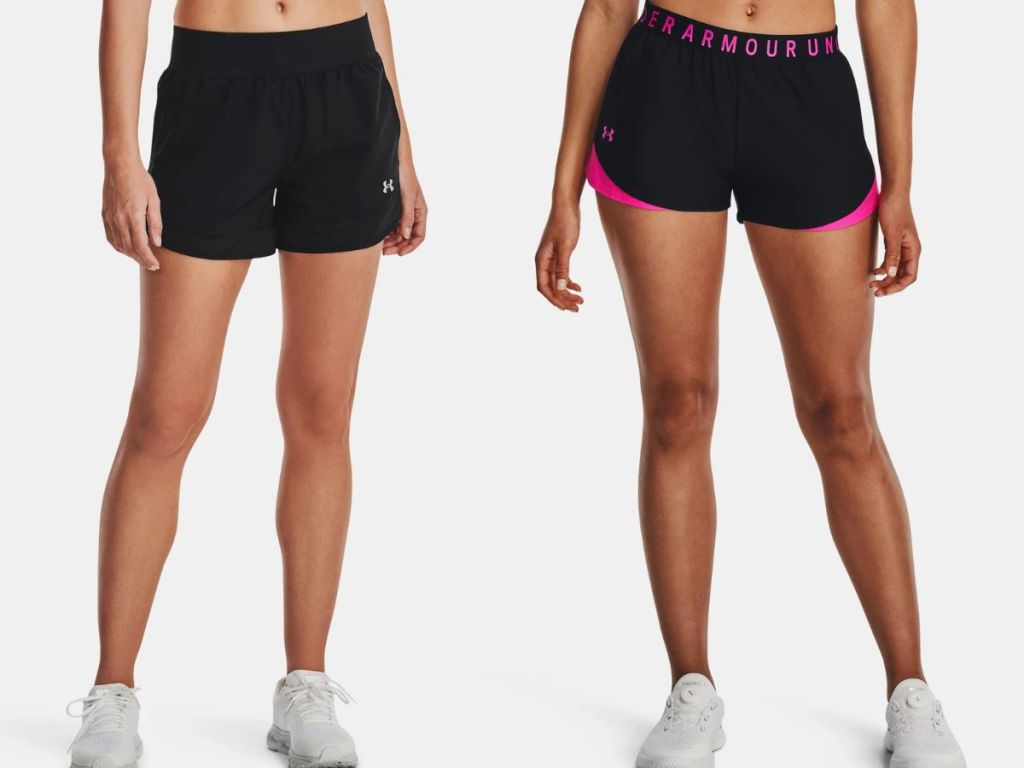 Stock images of 2 women wearing Under Armour shorts