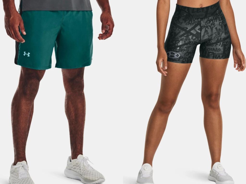 Stock images of a man and a woman wearing Under Armour shorts