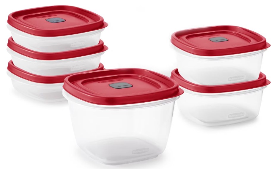 Rubbermaid Easy Find Lids set with clear containers and red lids in various sizes