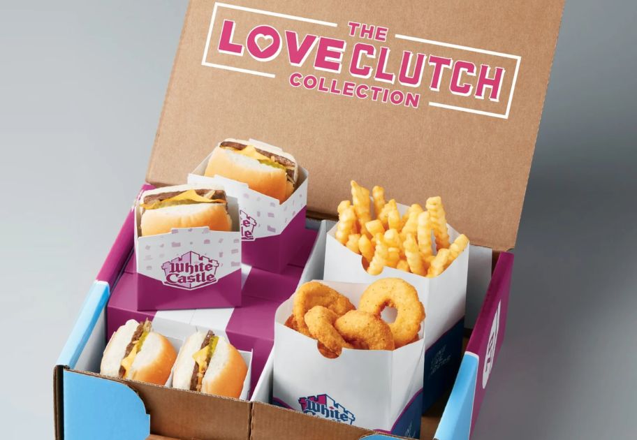 White Castle burgers, sliders, fries and onion rings in a box that says "Love Clutch"