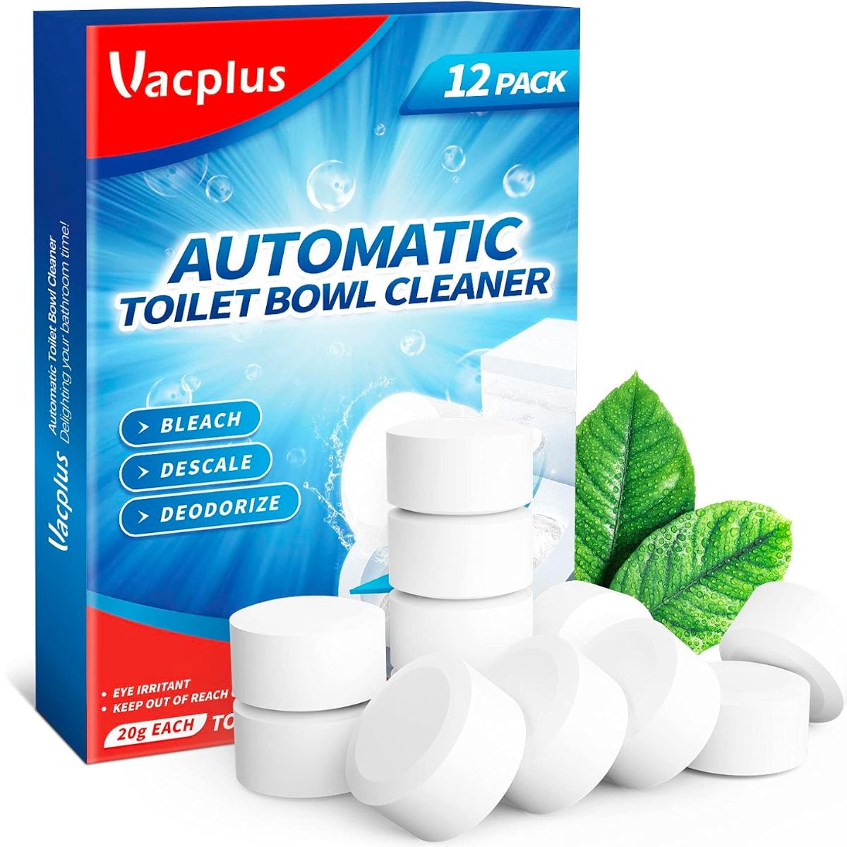 Vacplus Automatic Toilet Bowl Cleaner Tablets 12-Pack displayed with mint leaves stock image