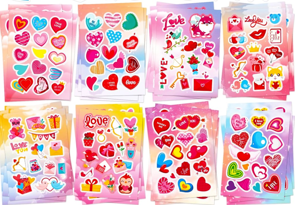 multiple sheets of valentine's day heart stickers