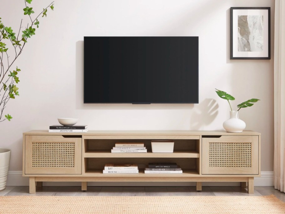 long and narrow tv stand with rattan doors