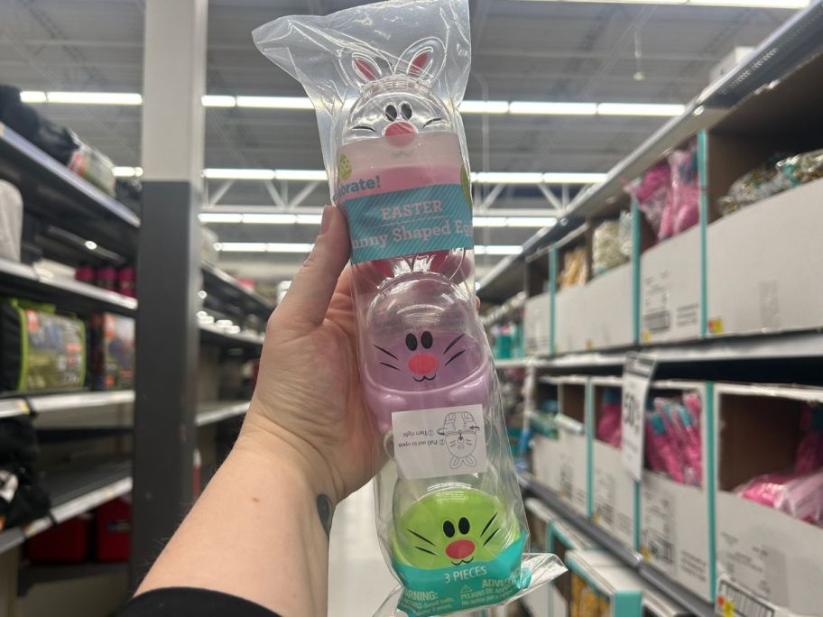 A 3-pack of bunny shaped plastic easter eggs