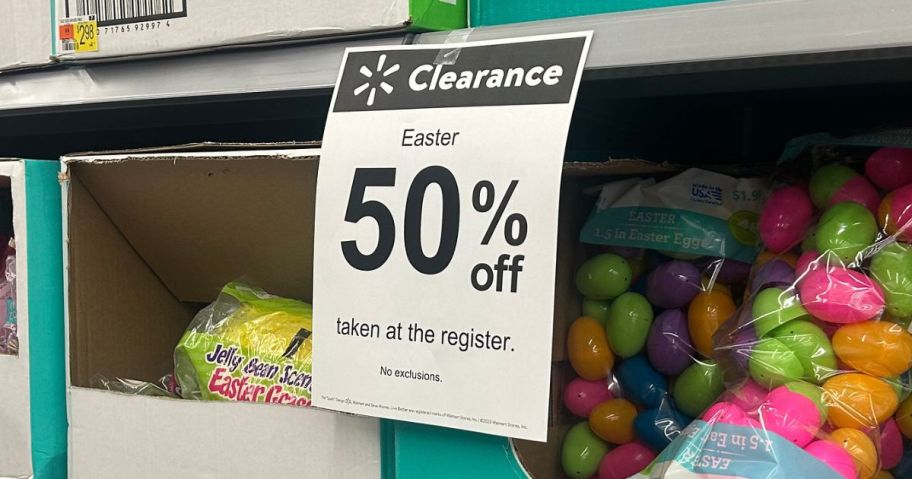 Sign showing 50% off Walmart Easter items
