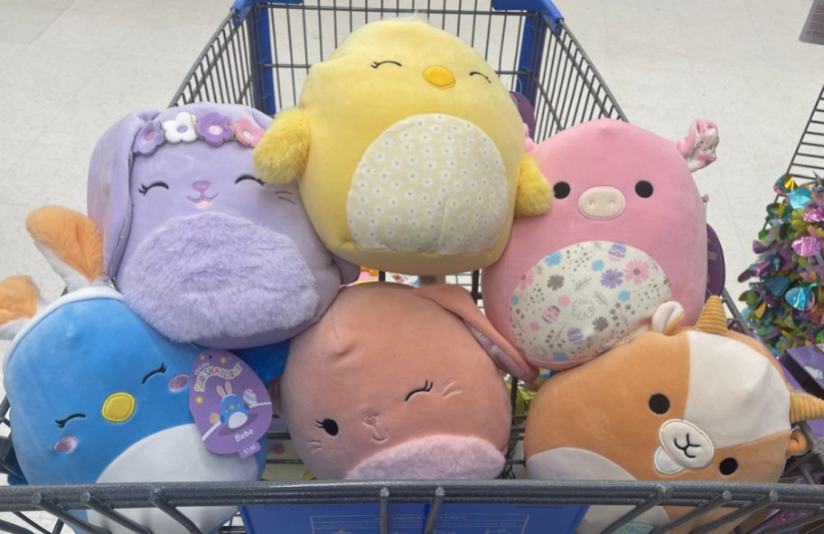 Walmart cart filled with four Spring Easter squishmallows