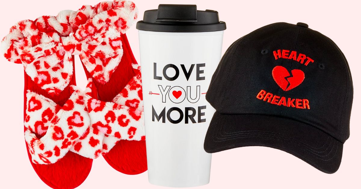 a valentines day slipper set and travel mug baseball hat gift set