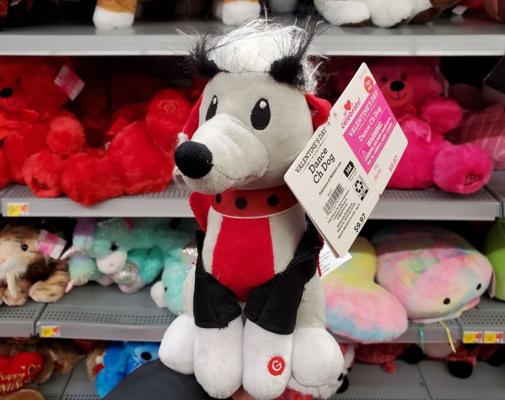 aq black and white dog valentines day plush on a store shelf