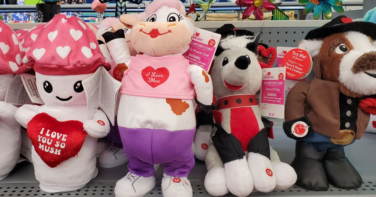 4 valentines themed stuffed animals on a store shelf