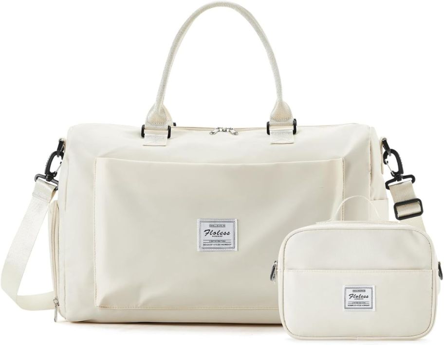a set of white carryon bags including toilety bag