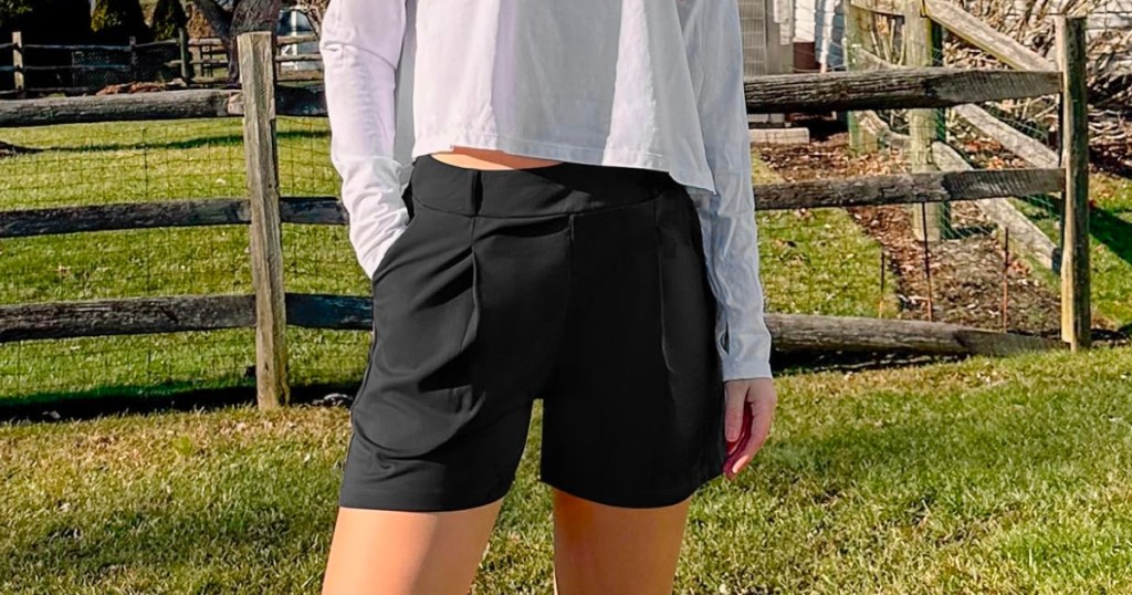 woman wearing casual athletic shorts in black from amazon