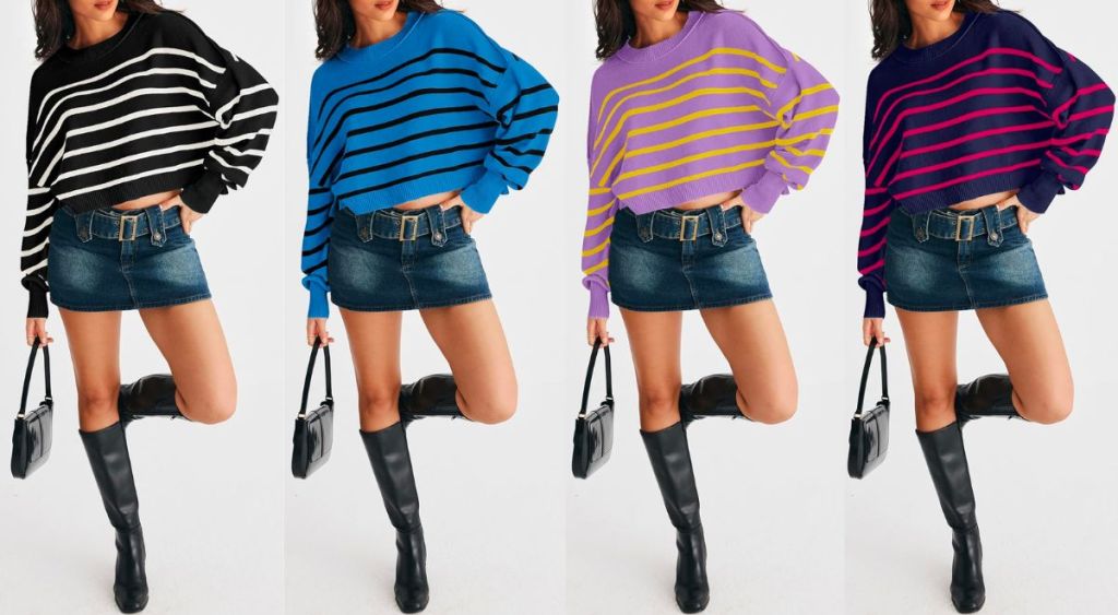 4 models wearing Women’s Crew Neck Striped Cropped Sweater