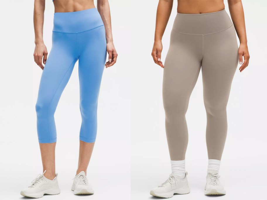 two women in blue and tan cropped leggings