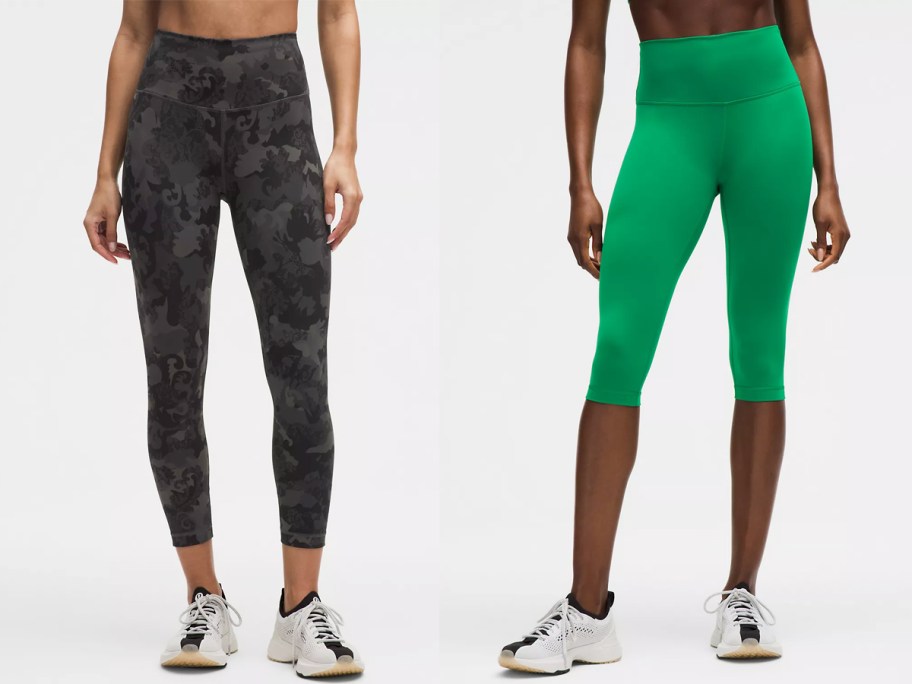 women in black camo print and green cropped leggings