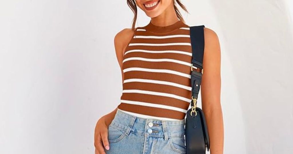 a model wearing a striped high neck tank top in toffee with white stripes