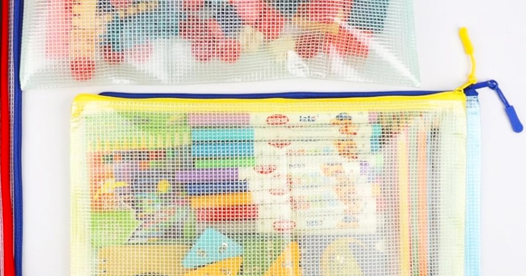 mesh zippered pouches with legos and art supplies inside