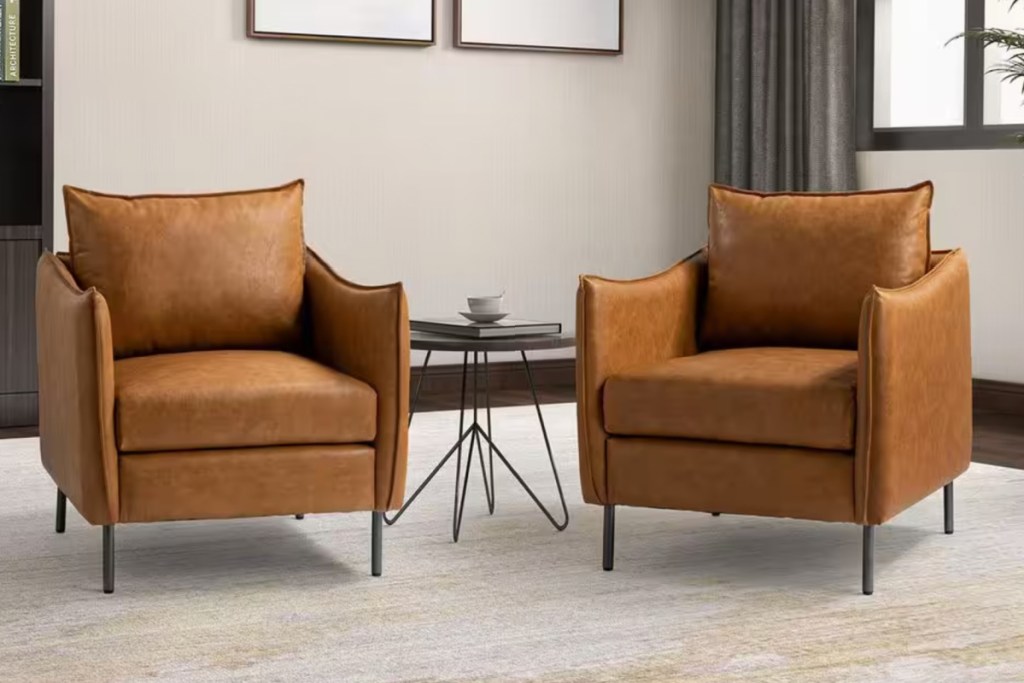 two camel vegan leather accent chairs