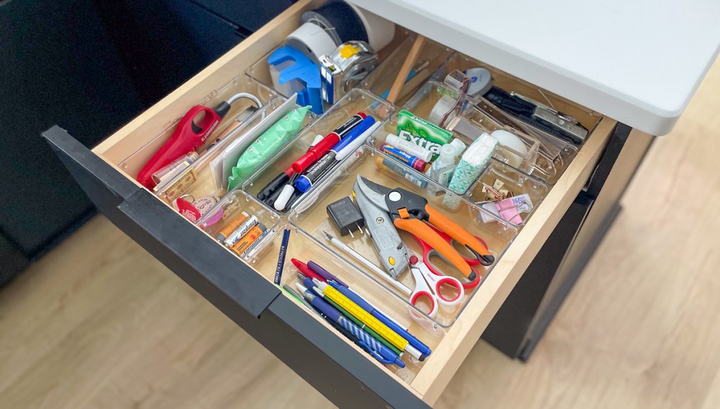 top view of organized junk drawer 
