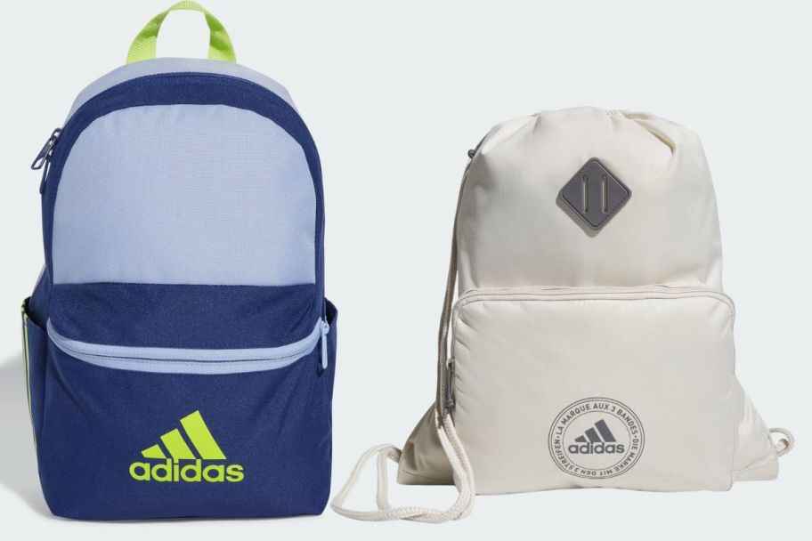 a blue adidas backpack shown with a white adidas bag