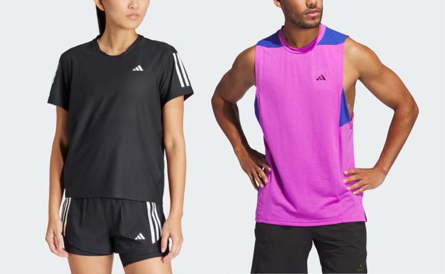 a woman in a black adidas tees and a man in a fuchsia workout tanks