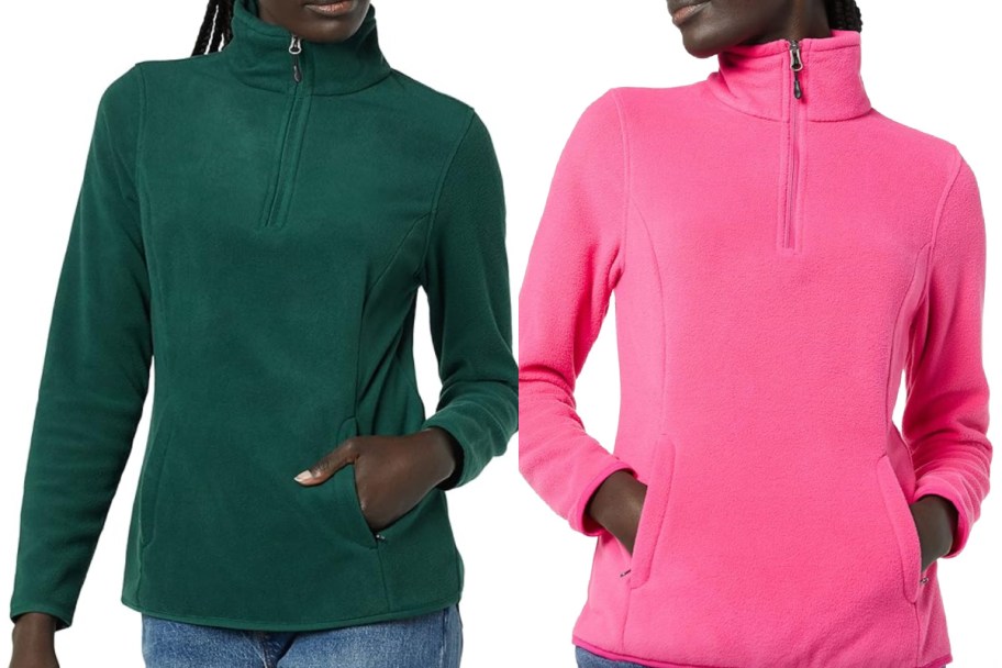 woman in green and hot pink fleece pullovers
