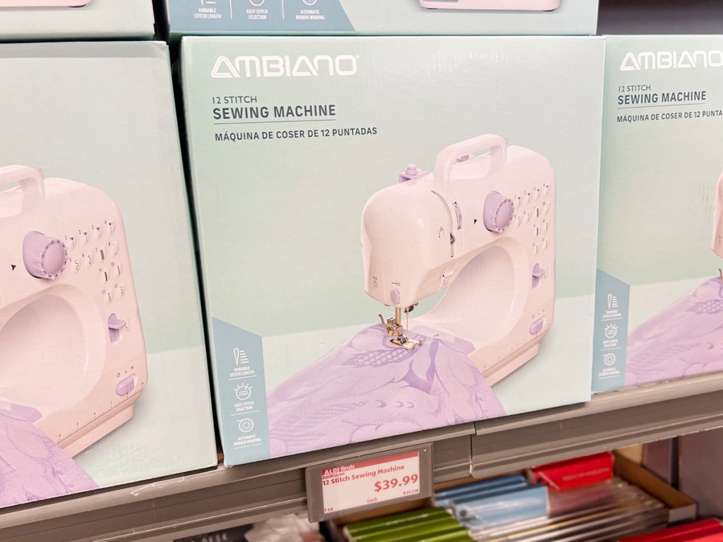sewing machine on box in shelf in aldis store