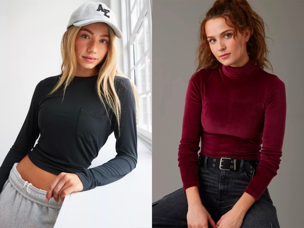 two women wearing black and maroon long sleeve shirts