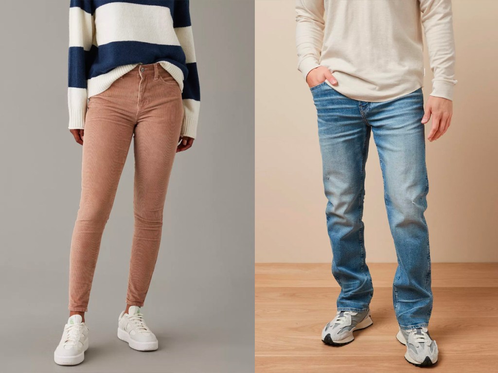 woman wearing tan courdoroy pants and man wearing jeans